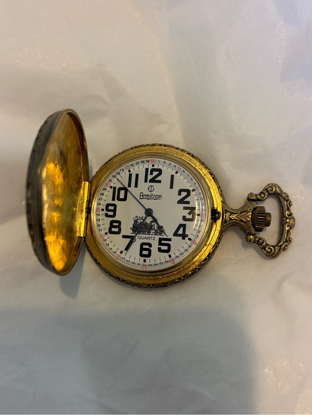 Vintage Armitron Quartz Gold and Silver Pocket Watch with Train Motif